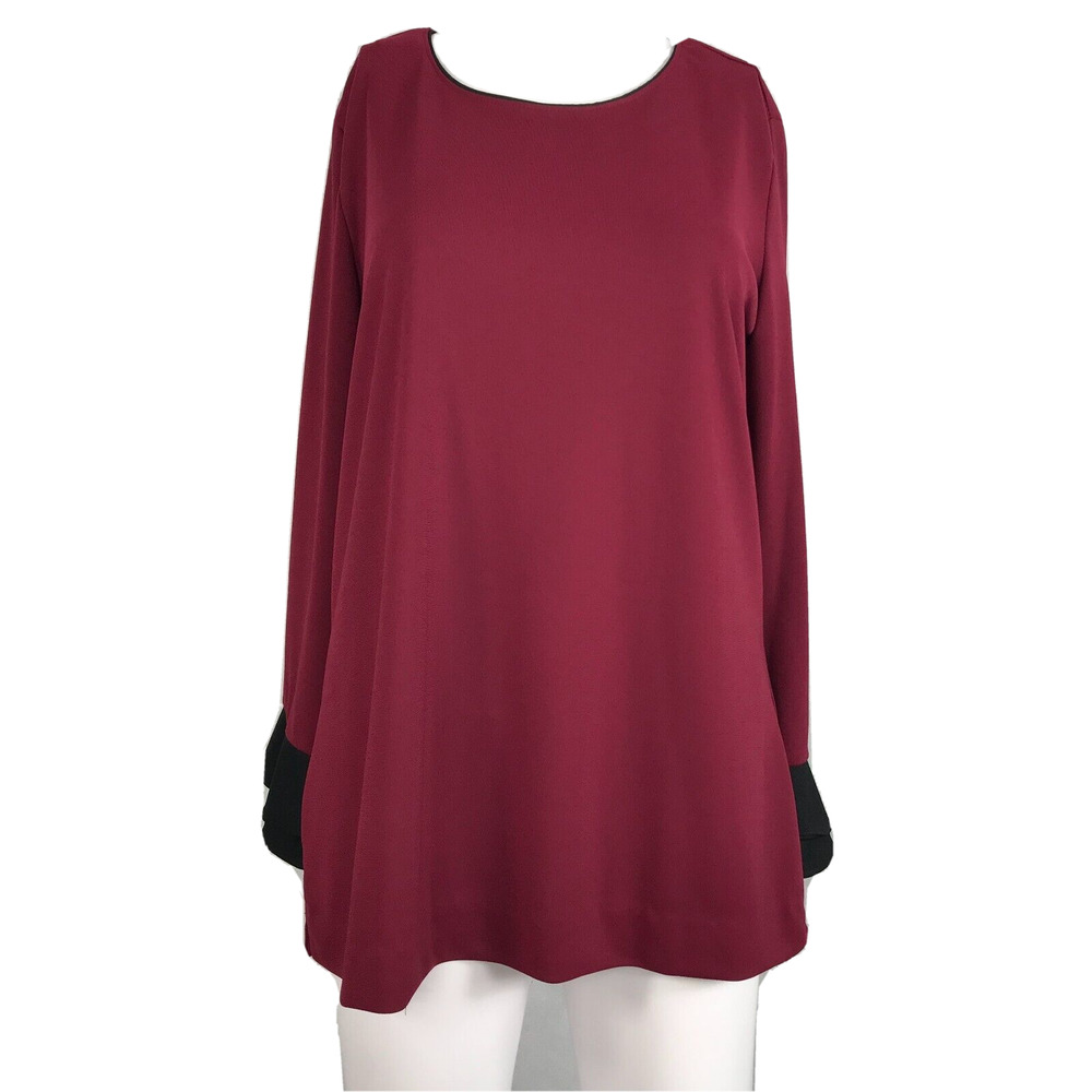 Karl Lagerfeld Paris Shirt Womens Sz‎ S Burgundy Tunic Top Bell Ruffle Sleeve